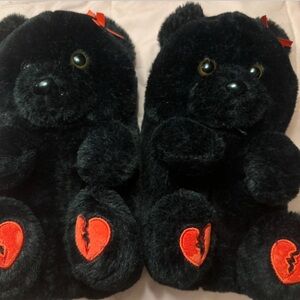 Black Plush Bear Slippers with Red Heart